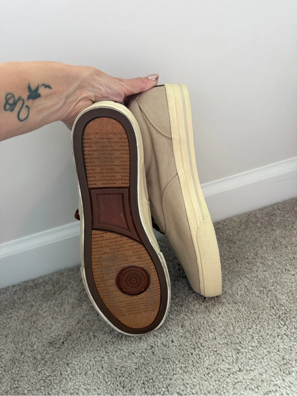 Polo by Ralph Lauren Men’s Beige Canvas Sneakers with Brown Laces and Navy Pony